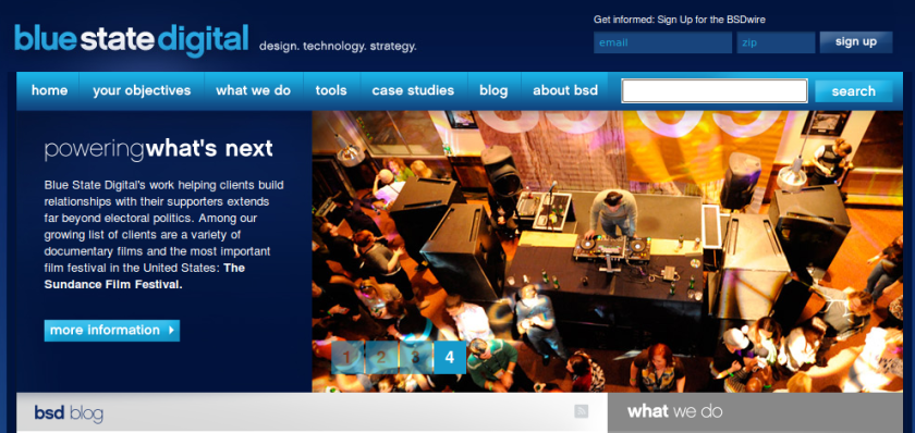 A página inicial da Blue State Digital. Clique na imagem para ampliar.