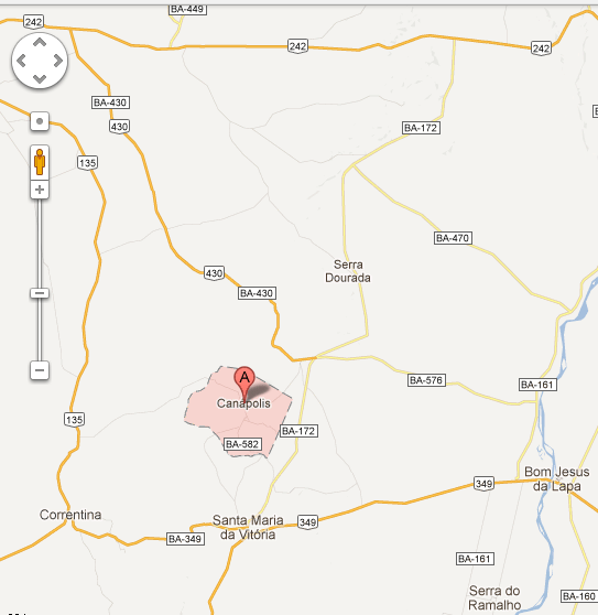 Localização de Canópolis, no vale do Rio Corrente, no mapa Google.