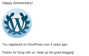 O 4º de atividade é parabenizado pelo administrador WordPress