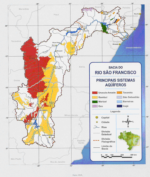 O mapa do Aquífero Urucuia, 120 mil km² de água subterrânea contínua, ao lado de outros grandes aquíferos do Oeste baiano