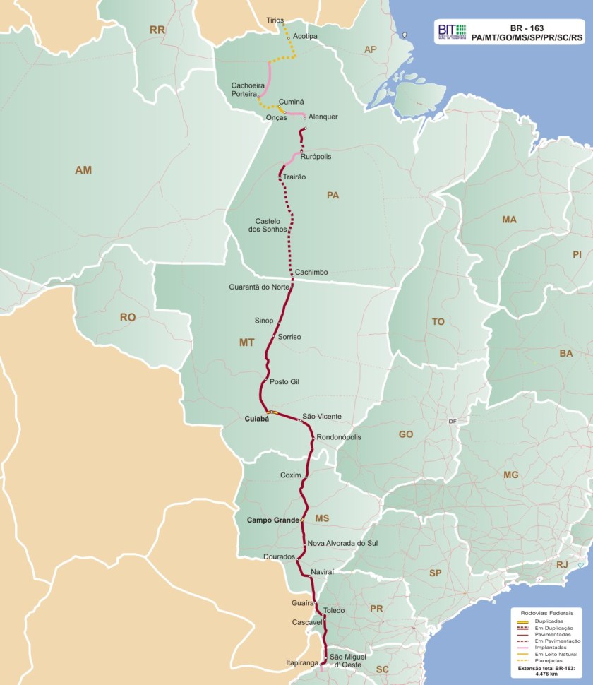 BR 163 atravessa o País de Norte a Sul. Clique na imagem para ampliar