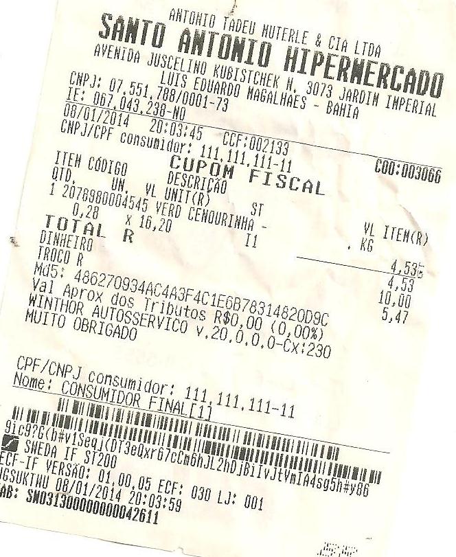 O comprovante de compra, com data e hora de efetivação da operação.