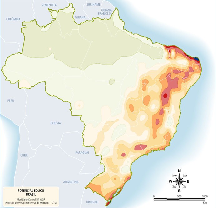 Mapa de potencial eólico brasileiro: menor impacto ambiental e produção acelerada. Só na Bahia se constrói cerca de 2.000 torres.