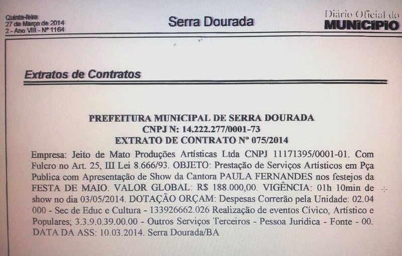 O extrato do contrato no Diário Oficial de Serra Dourada