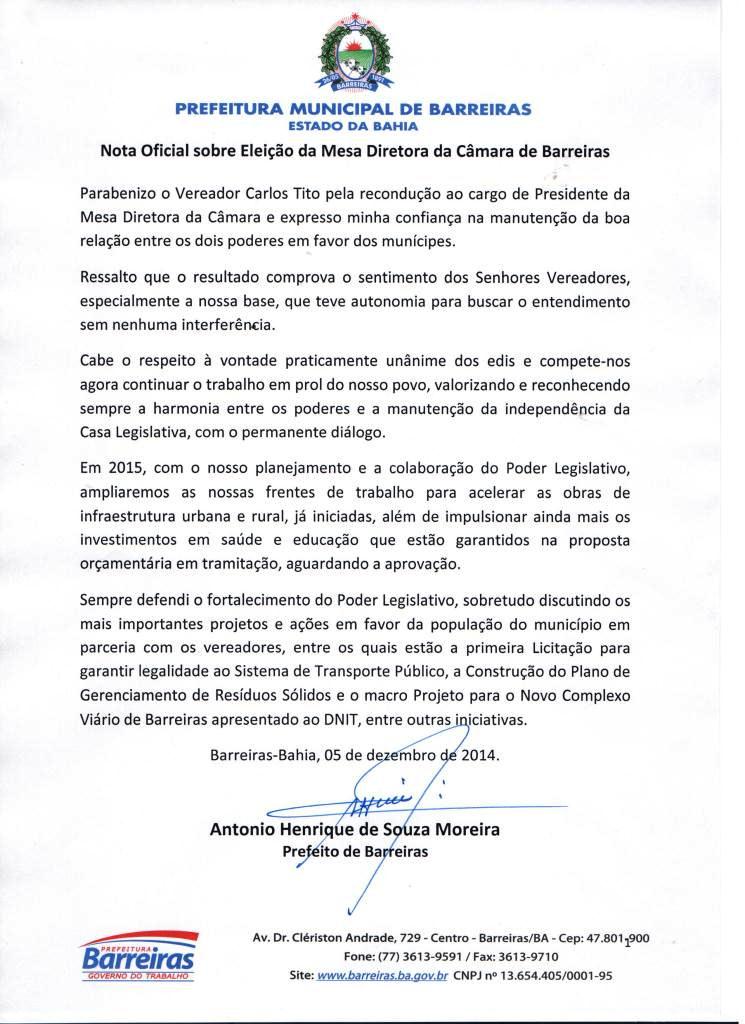 NOTA OFICIAL SOBRE A ELEIÇÃO DA MESA DIRETORA DA CÂMARA