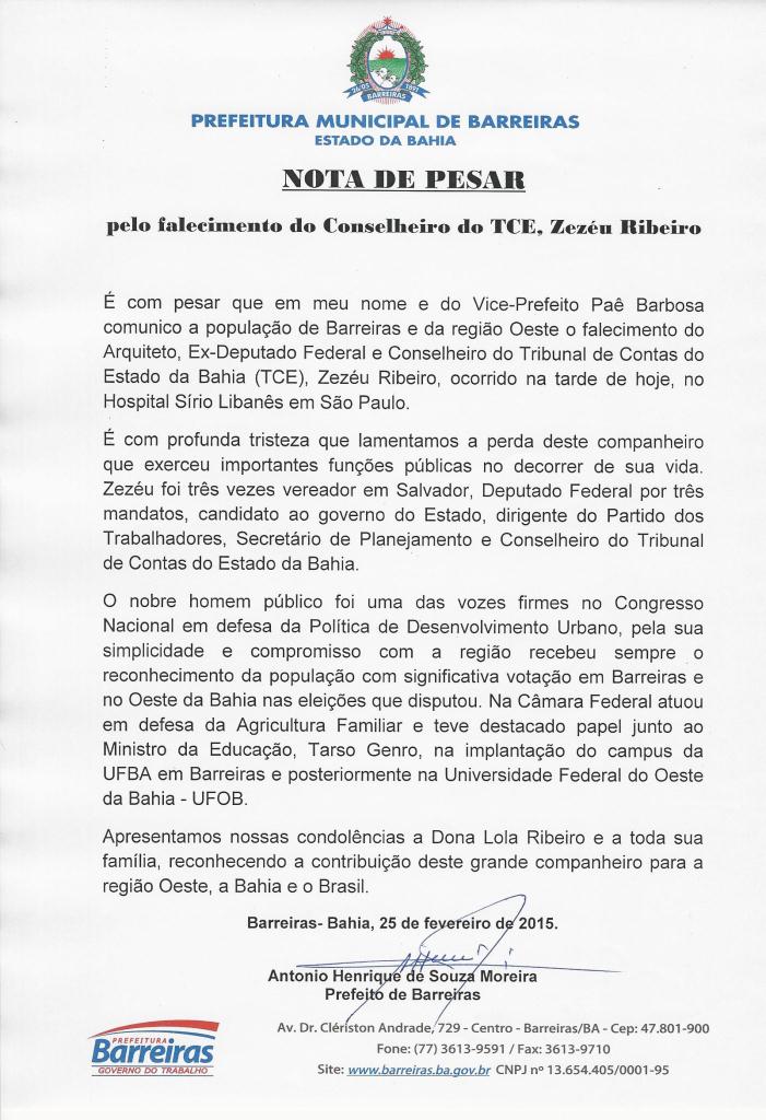 NOTA DE PESAR - ZEZÉU RIBEIRO