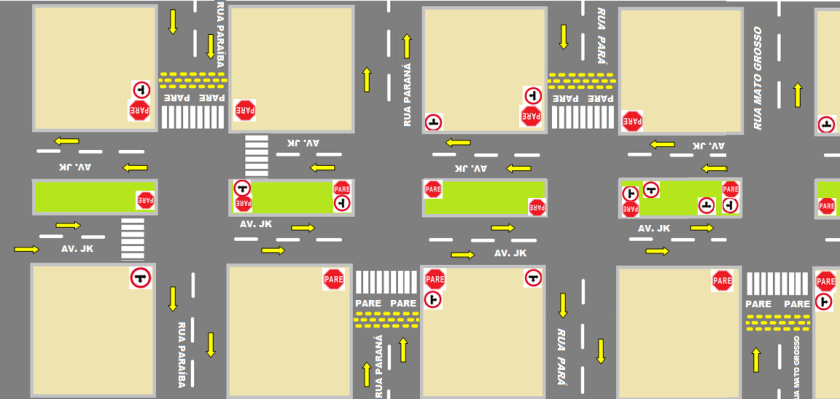 A partir de maio a Avenida JK será preferencial no cruzamento de 3 ruas centrais. Na imagem como  ficará o tráfego após a mudan
