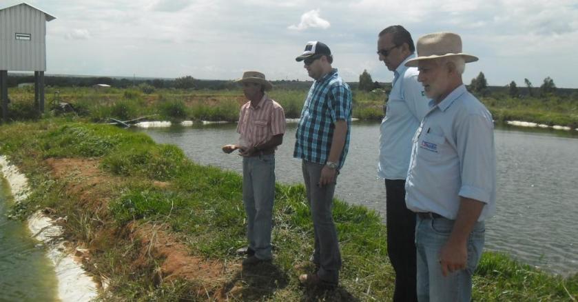 Secretário Carlos Koch no projeto de piscicultura com o presidente da ASSORIO, Firmino Rocha, o diretor Nilvan Martins e o coordenador Dario Casanova da Secretaria de Agricultura