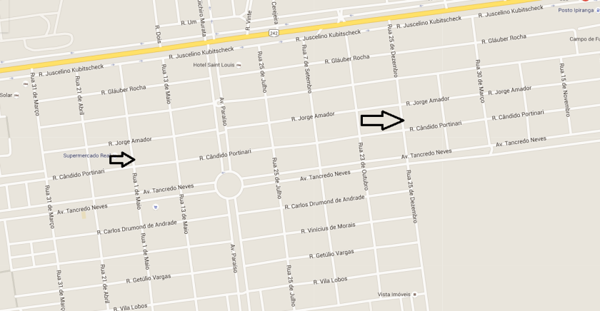 As setas assinalam as ruas onde foram realizados os assaltos e a sua proximidade