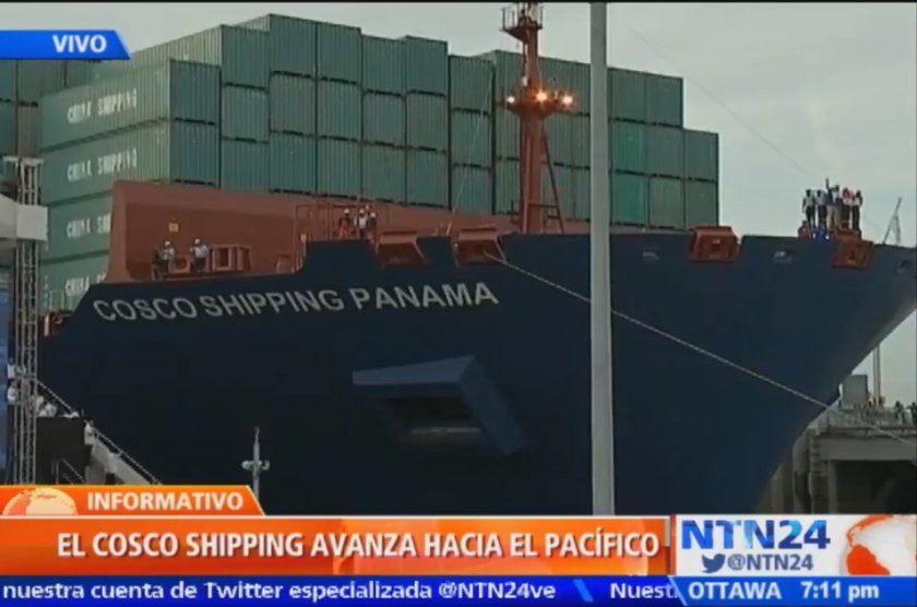 O gigantesco navio chinês porta-containers inaugura o novo canal do Panamá 